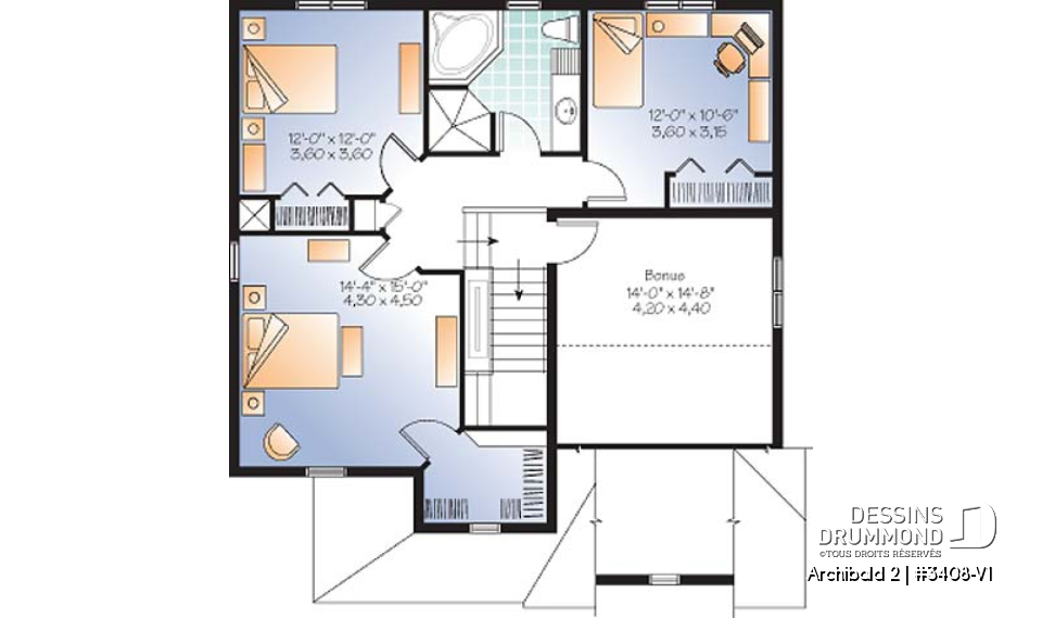 Étage - Plan de maison d'un modèle champêtre, 3 chambres, espace boni pour chambre #4 ou bureau - Archibald 2