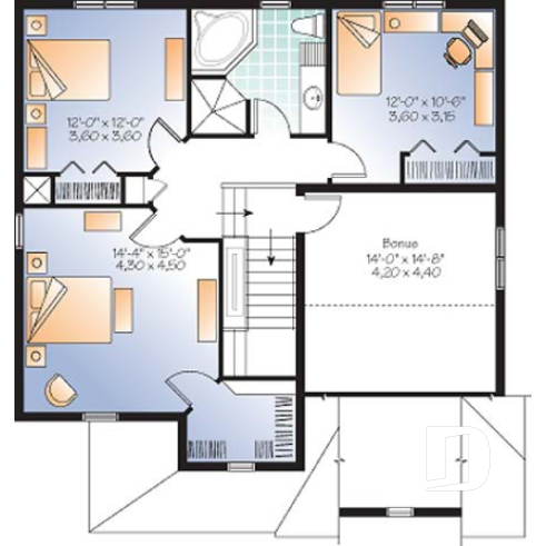 Étage - Plan de maison d'un modèle champêtre, 3 chambres, espace boni pour chambre #4 ou bureau - Archibald 2