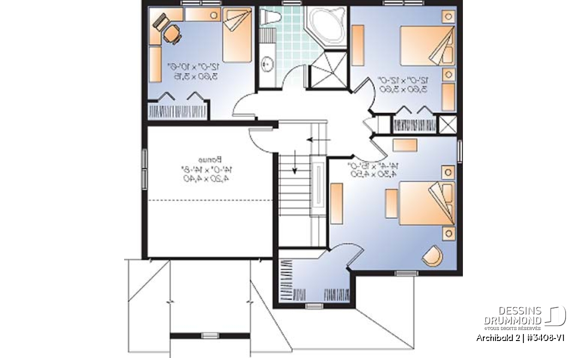 Étage - Plan de maison d'un modèle champêtre, 3 chambres, espace boni pour chambre #4 ou bureau - Archibald 2