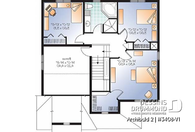 Étage - Plan de maison d'un modèle champêtre, 3 chambres, espace boni pour chambre #4 ou bureau - Archibald 2