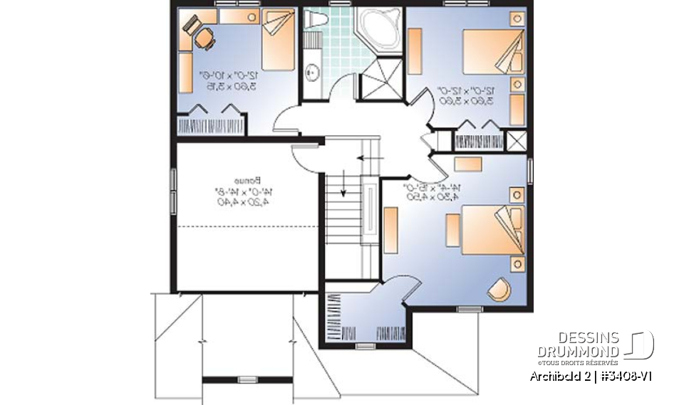 Étage - Plan de maison d'un modèle champêtre, 3 chambres, espace boni pour chambre #4 ou bureau - Archibald 2