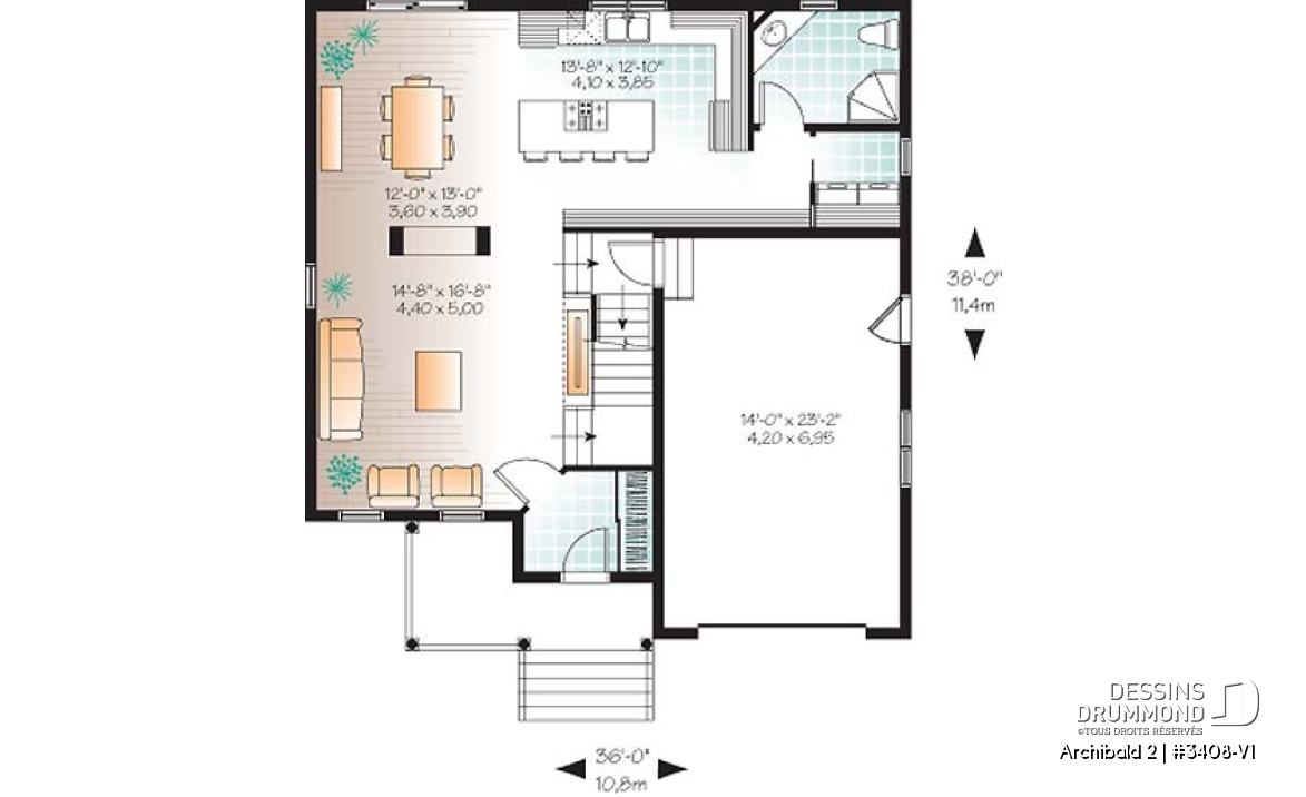 Rez-de-chaussée - Plan de maison d'un modèle champêtre, 3 chambres, espace boni pour chambre #4 ou bureau - Archibald 2