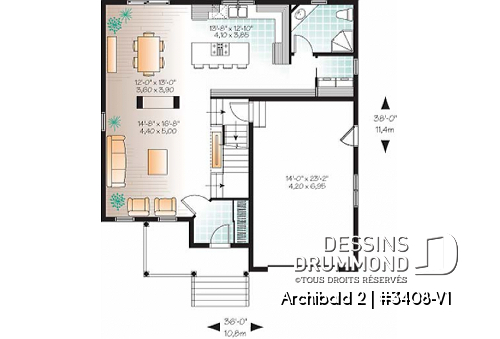 Rez-de-chaussée - Plan de maison d'un modèle champêtre, 3 chambres, espace boni pour chambre #4 ou bureau - Archibald 2
