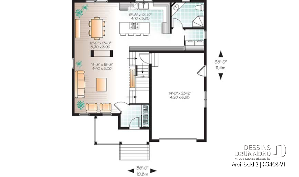 Rez-de-chaussée - Plan de maison d'un modèle champêtre, 3 chambres, espace boni pour chambre #4 ou bureau - Archibald 2