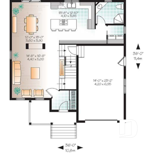 Rez-de-chaussée - Plan de maison d'un modèle champêtre, 3 chambres, espace boni pour chambre #4 ou bureau - Archibald 2