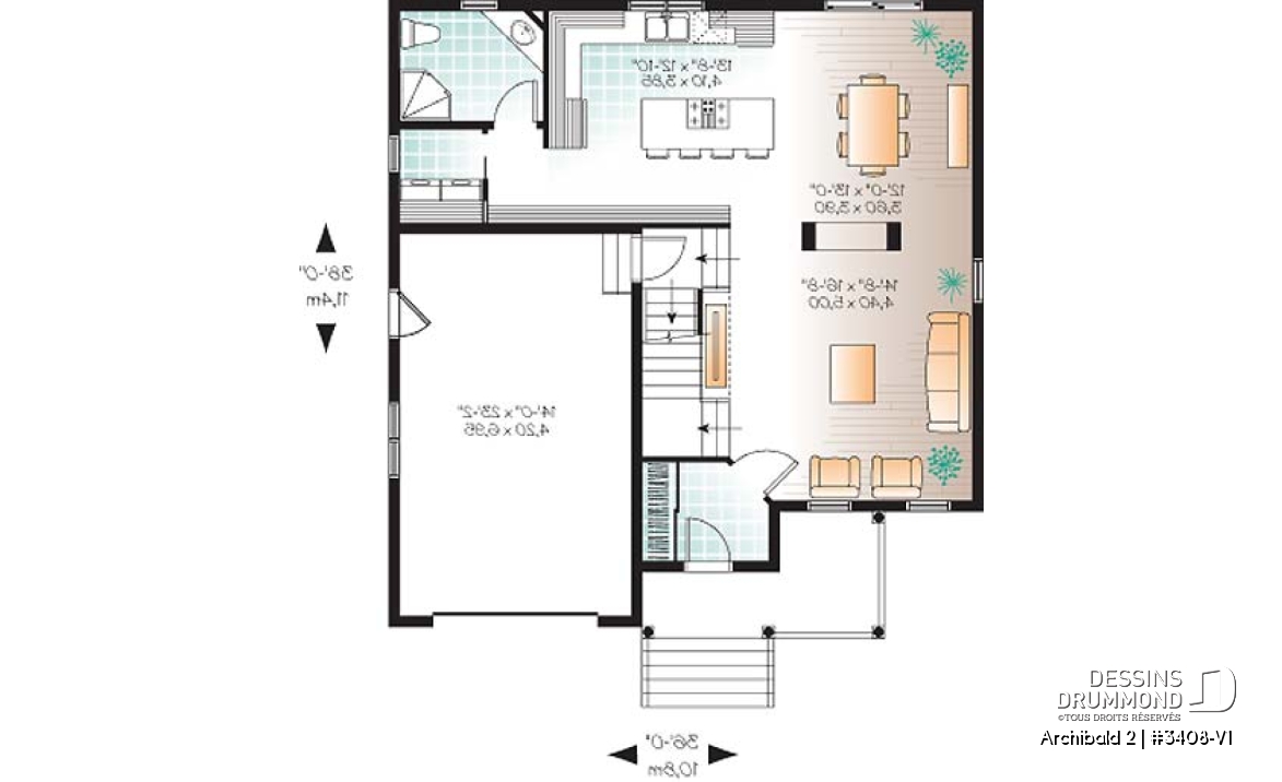 Rez-de-chaussée - Plan de maison d'un modèle champêtre, 3 chambres, espace boni pour chambre #4 ou bureau - Archibald 2
