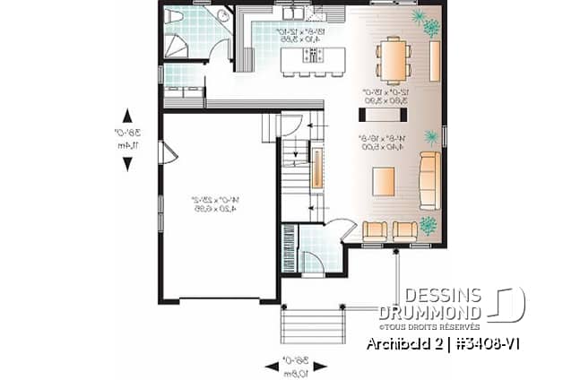 Rez-de-chaussée - Plan de maison d'un modèle champêtre, 3 chambres, espace boni pour chambre #4 ou bureau - Archibald 2