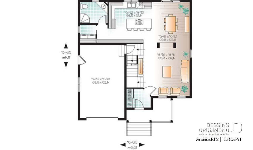 Rez-de-chaussée - Plan de maison d'un modèle champêtre, 3 chambres, espace boni pour chambre #4 ou bureau - Archibald 2