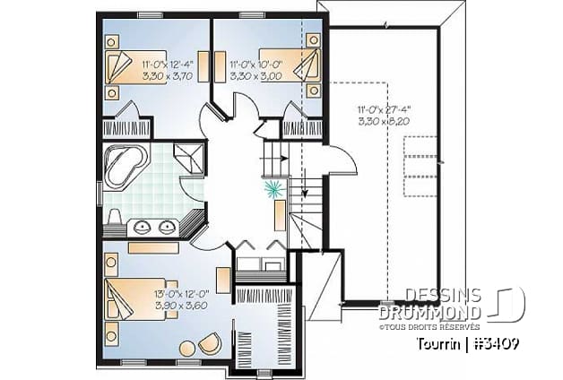 Étage - Plan de maison à étage avec espace boni au-dessus du garage, 3 à 4 ch., maîtres avec grand walk-in - Tourrin