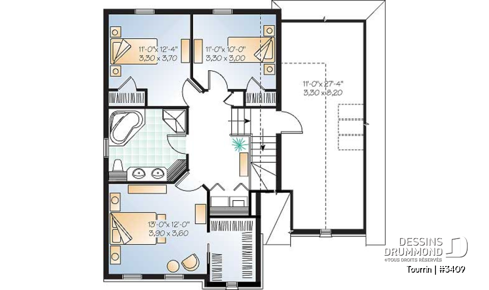 Étage - Plan de maison à étage avec espace boni au-dessus du garage, 3 à 4 ch., maîtres avec grand walk-in - Tourrin