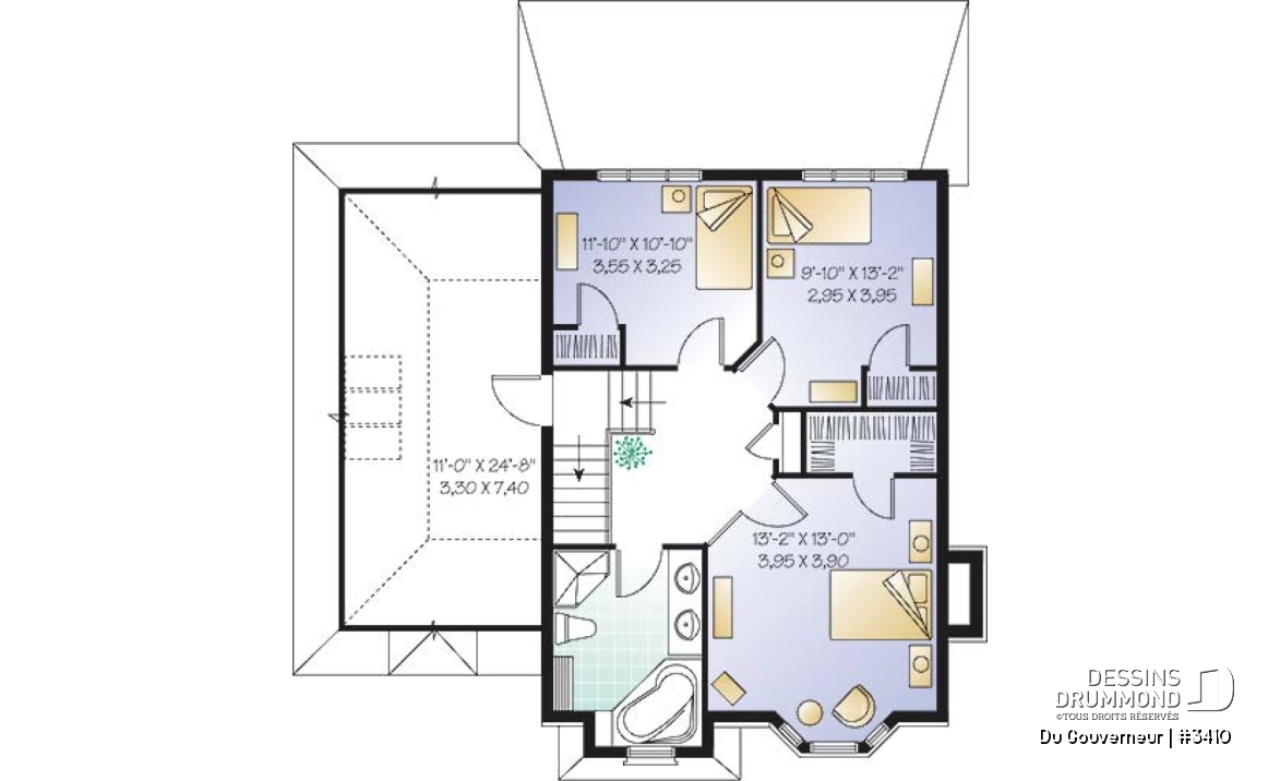 Étage - Plan de maison à étage style anglais,coin déjeuner en solarium, foyer à la salle familiale, 3 chambres, garage - Du Gouverneur
