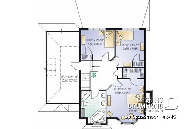Étage - Plan de maison à étage style anglais,coin déjeuner en solarium, foyer à la salle familiale, 3 chambres, garage - Du Gouverneur