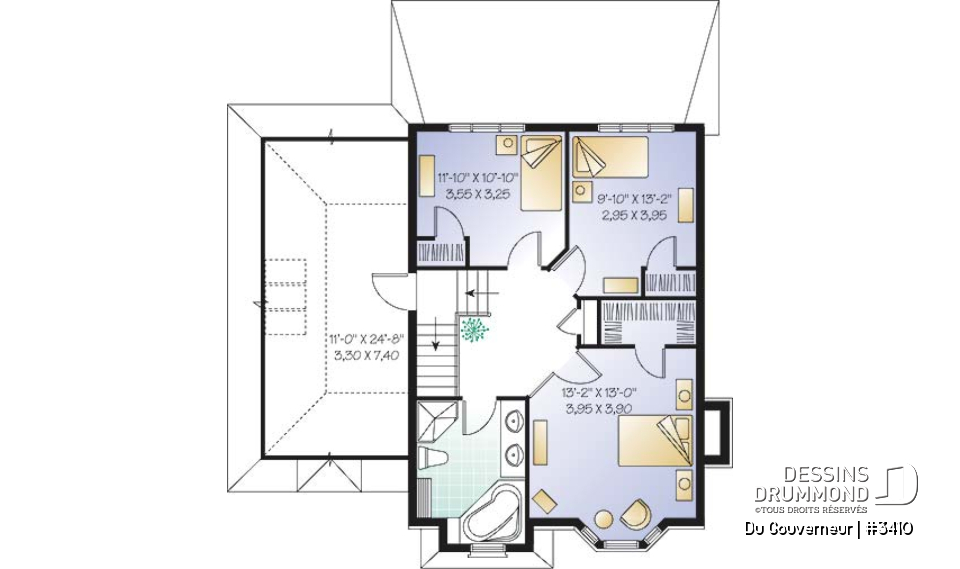 Étage - Plan de maison à étage style anglais,coin déjeuner en solarium, foyer à la salle familiale, 3 chambres, garage - Du Gouverneur