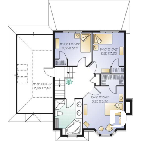Étage - Plan de maison à étage style anglais,coin déjeuner en solarium, foyer à la salle familiale, 3 chambres, garage - Du Gouverneur