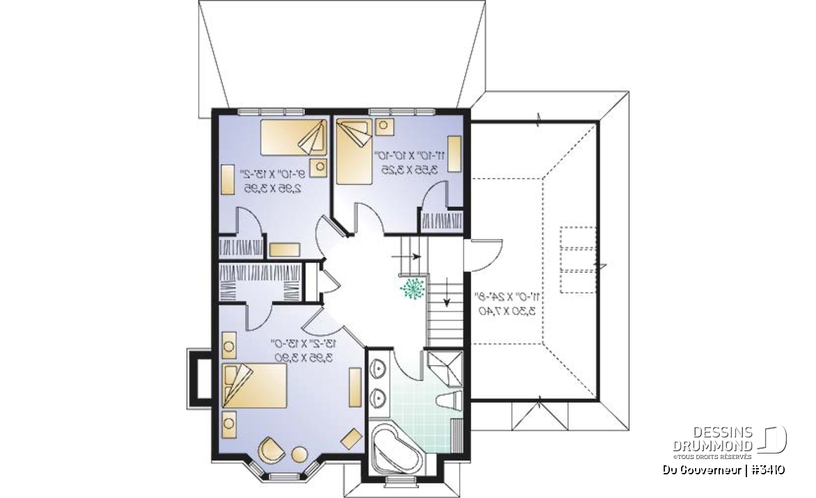 Étage - Plan de maison à étage style anglais,coin déjeuner en solarium, foyer à la salle familiale, 3 chambres, garage - Du Gouverneur