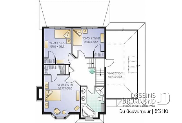 Étage - Plan de maison à étage style anglais,coin déjeuner en solarium, foyer à la salle familiale, 3 chambres, garage - Du Gouverneur