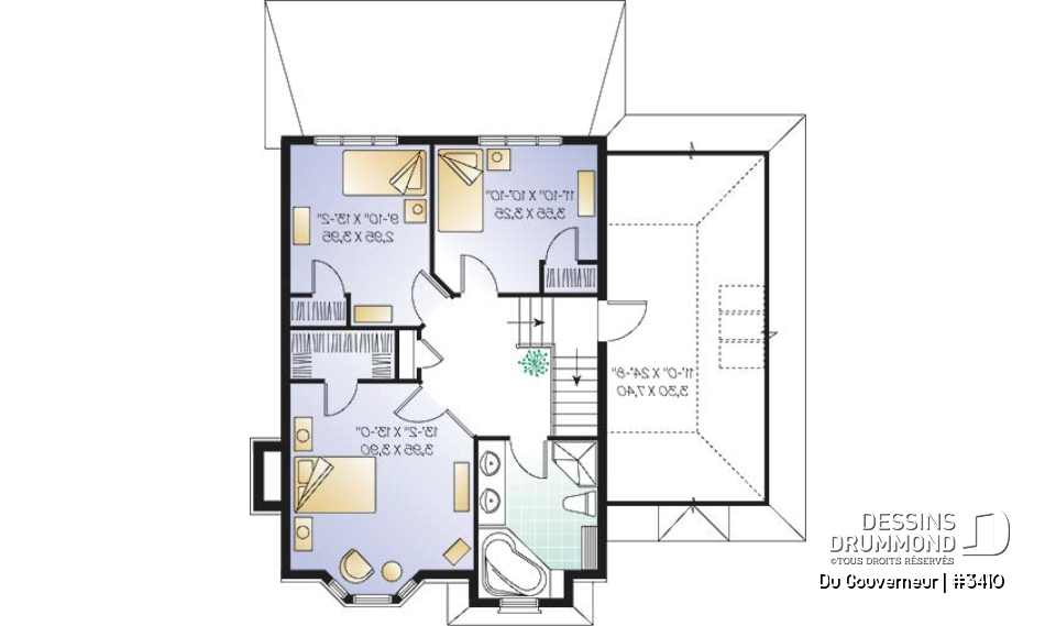Étage - Plan de maison à étage style anglais,coin déjeuner en solarium, foyer à la salle familiale, 3 chambres, garage - Du Gouverneur