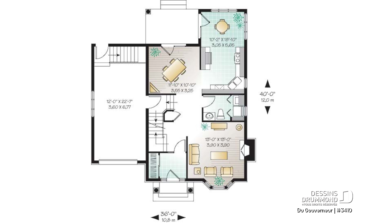 Rez-de-chaussée - Plan de maison à étage style anglais,coin déjeuner en solarium, foyer à la salle familiale, 3 chambres, garage - Du Gouverneur