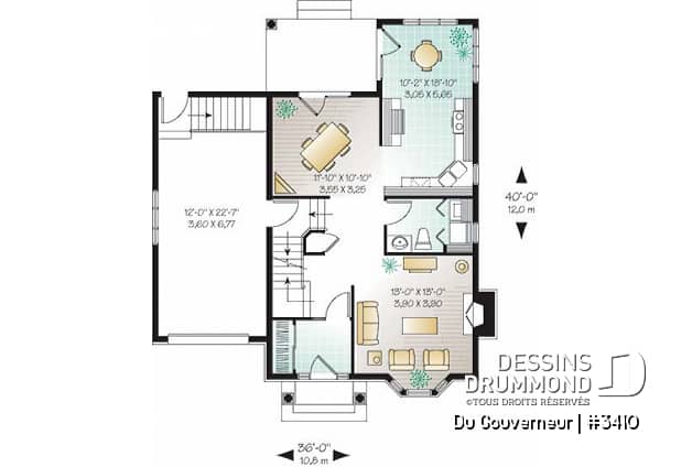 Rez-de-chaussée - Plan de maison à étage style anglais,coin déjeuner en solarium, foyer à la salle familiale, 3 chambres, garage - Du Gouverneur