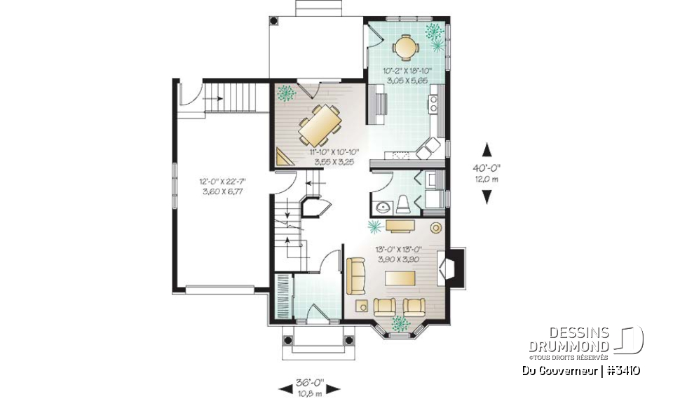 Rez-de-chaussée - Plan de maison à étage style anglais,coin déjeuner en solarium, foyer à la salle familiale, 3 chambres, garage - Du Gouverneur