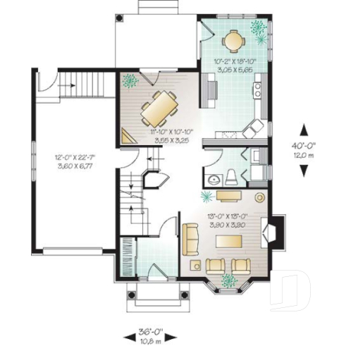 Rez-de-chaussée - Plan de maison à étage style anglais,coin déjeuner en solarium, foyer à la salle familiale, 3 chambres, garage - Du Gouverneur