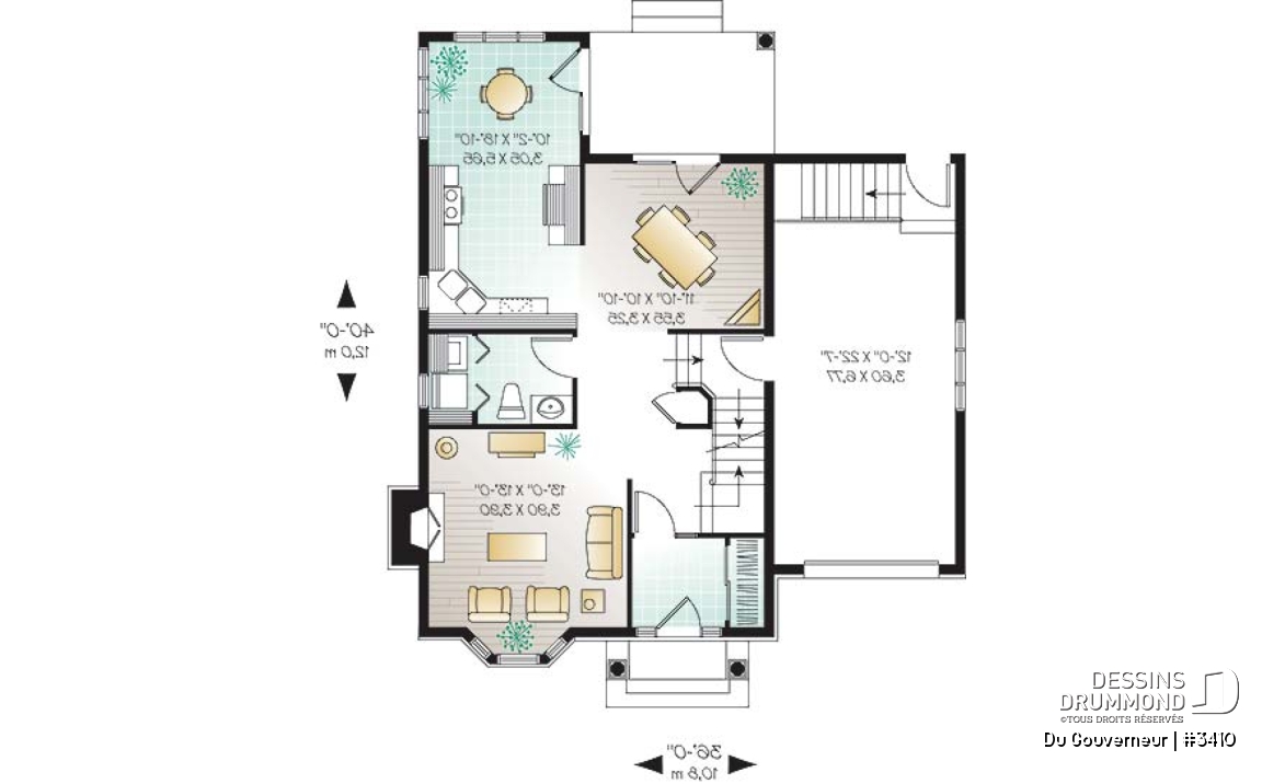 Rez-de-chaussée - Plan de maison à étage style anglais,coin déjeuner en solarium, foyer à la salle familiale, 3 chambres, garage - Du Gouverneur