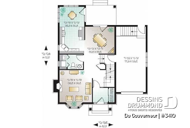 Rez-de-chaussée - Plan de maison à étage style anglais,coin déjeuner en solarium, foyer à la salle familiale, 3 chambres, garage - Du Gouverneur