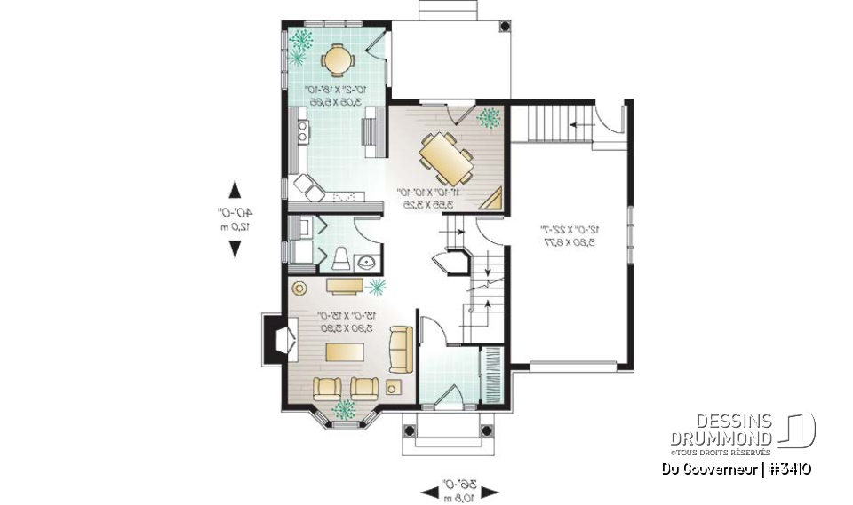 Rez-de-chaussée - Plan de maison à étage style anglais,coin déjeuner en solarium, foyer à la salle familiale, 3 chambres, garage - Du Gouverneur