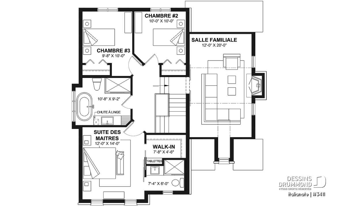 Étage - Plan de maison d'inspiration française à étages avec garage, foyer central et cuisine avec îlot. - Italianate