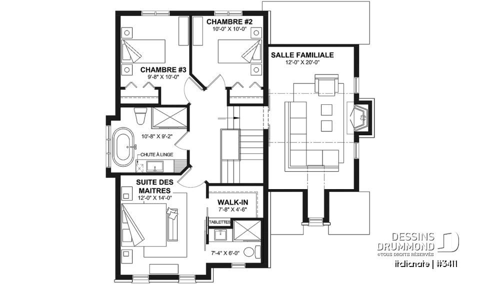 Étage - Plan de maison d'inspiration française à étages avec garage, foyer central et cuisine avec îlot. - Italianate
