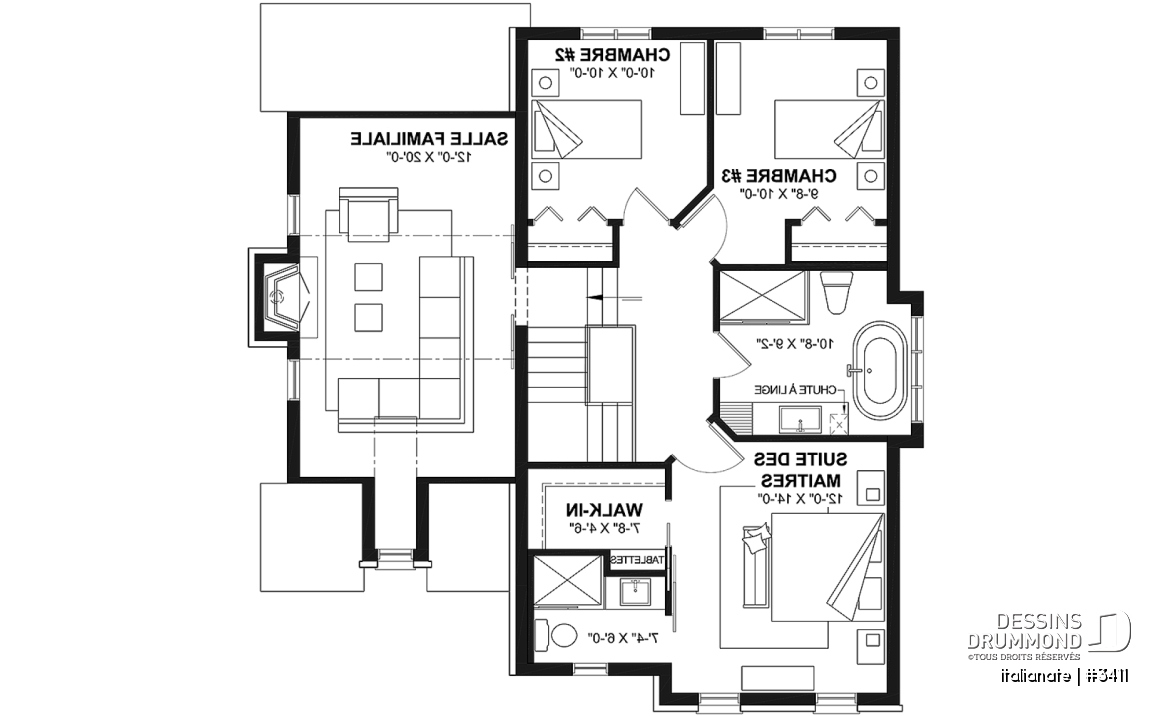 Étage - Plan de maison d'inspiration française à étages avec garage, foyer central et cuisine avec îlot. - Italianate