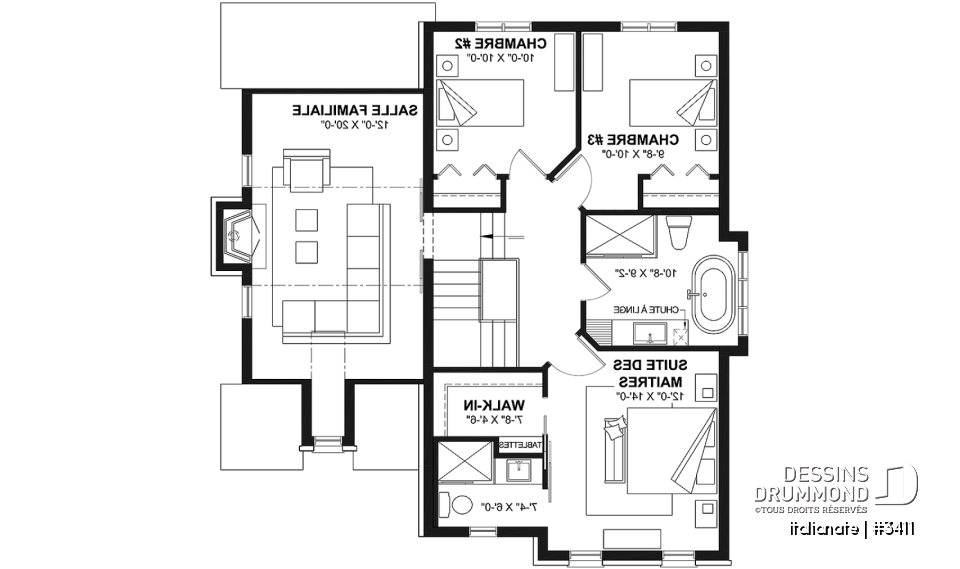 Étage - Plan de maison d'inspiration française à étages avec garage, foyer central et cuisine avec îlot. - Italianate