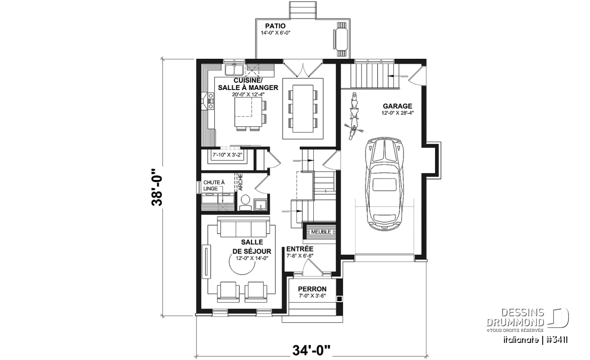 Rez-de-chaussée - Plan de maison d'inspiration française à étages avec garage, foyer central et cuisine avec îlot. - Italianate