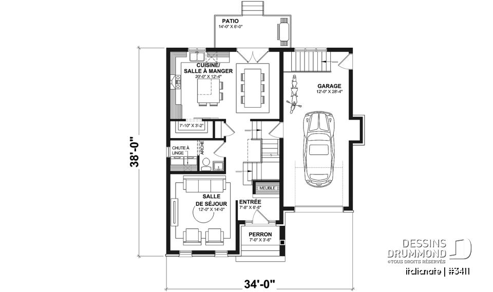 Rez-de-chaussée - Plan de maison d'inspiration française à étages avec garage, foyer central et cuisine avec îlot. - Italianate