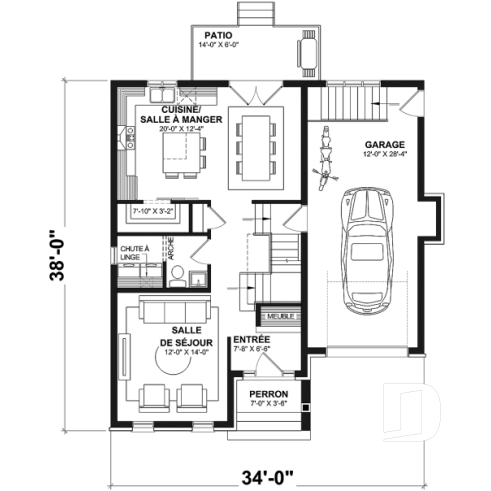 Rez-de-chaussée - Plan de maison d'inspiration française à étages avec garage, foyer central et cuisine avec îlot. - Italianate