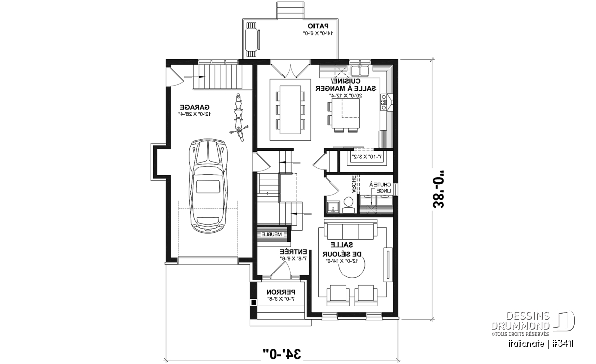 Rez-de-chaussée - Plan de maison d'inspiration française à étages avec garage, foyer central et cuisine avec îlot. - Italianate