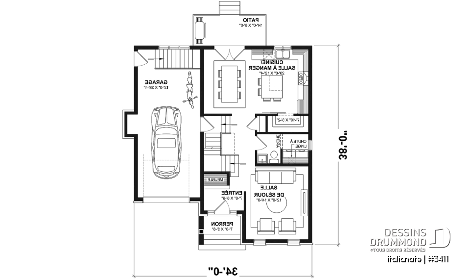 Rez-de-chaussée - Plan de maison d'inspiration française à étages avec garage, foyer central et cuisine avec îlot. - Italianate