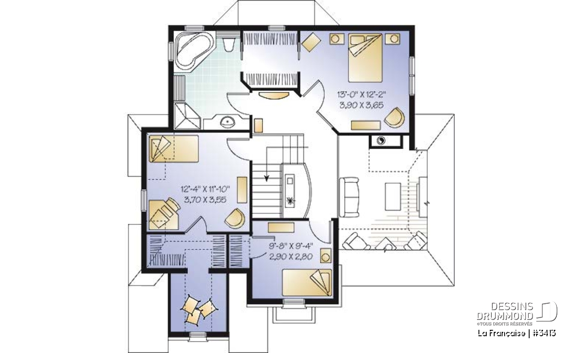 Étage - Plan de maison avec grande cuisine, îlot, foyer et plafond 18' au séjour, espace boni, 3 chambres - La Française