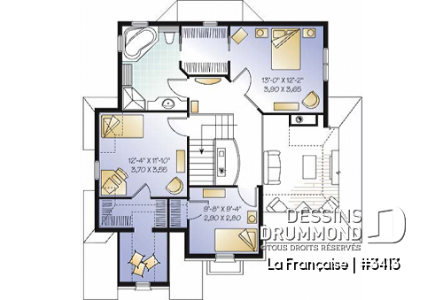 Étage - Plan de maison avec grande cuisine, îlot, foyer et plafond 18' au séjour, espace boni, 3 chambres - La Française