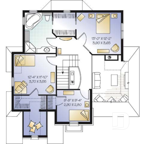 Étage - Plan de maison avec grande cuisine, îlot, foyer et plafond 18' au séjour, espace boni, 3 chambres - La Française