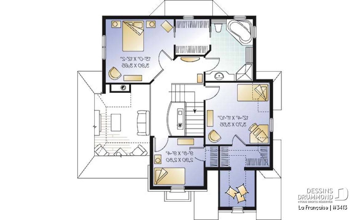 Étage - Plan de maison avec grande cuisine, îlot, foyer et plafond 18' au séjour, espace boni, 3 chambres - La Française