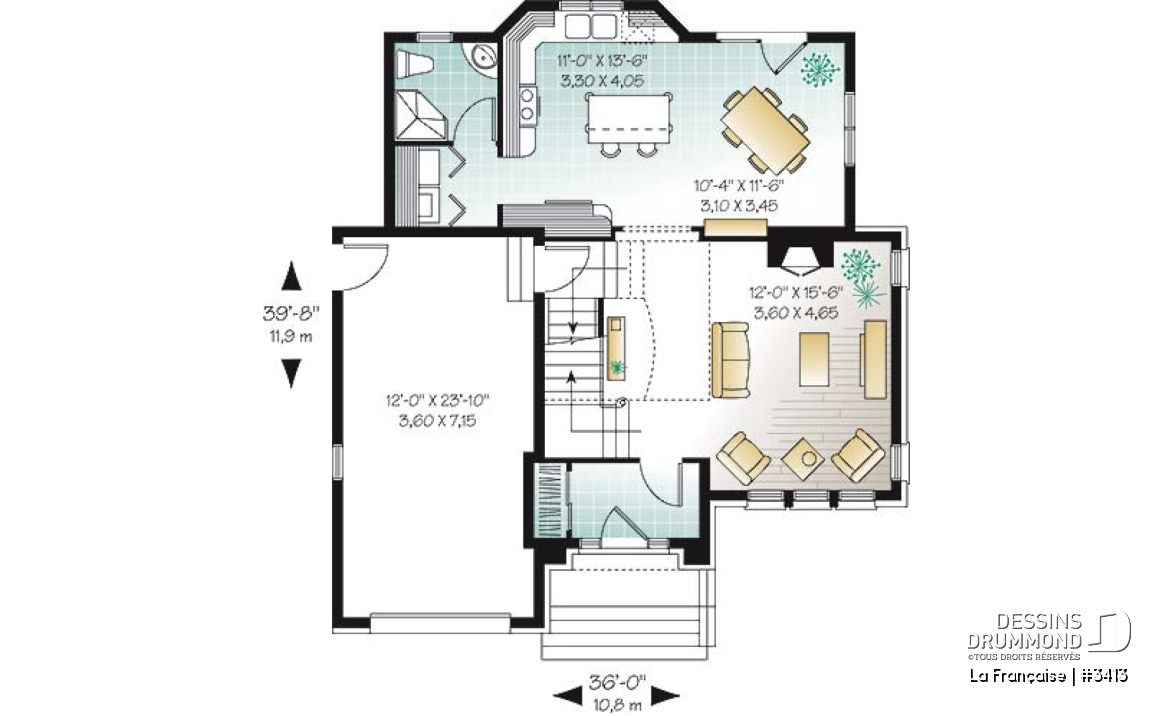 Rez-de-chaussée - Plan de maison avec grande cuisine, îlot, foyer et plafond 18' au séjour, espace boni, 3 chambres - La Française