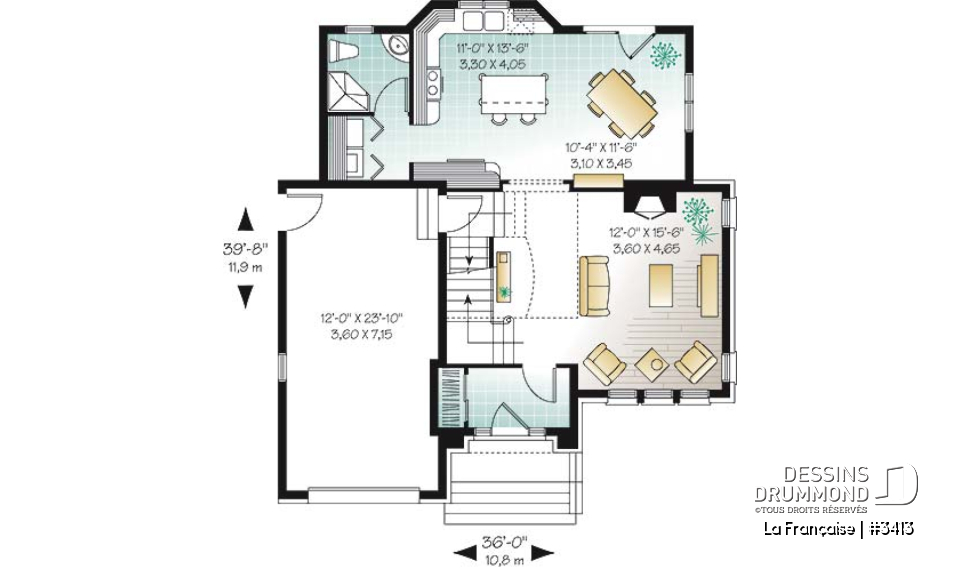 Rez-de-chaussée - Plan de maison avec grande cuisine, îlot, foyer et plafond 18' au séjour, espace boni, 3 chambres - La Française