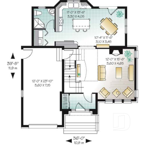 Rez-de-chaussée - Plan de maison avec grande cuisine, îlot, foyer et plafond 18' au séjour, espace boni, 3 chambres - La Française