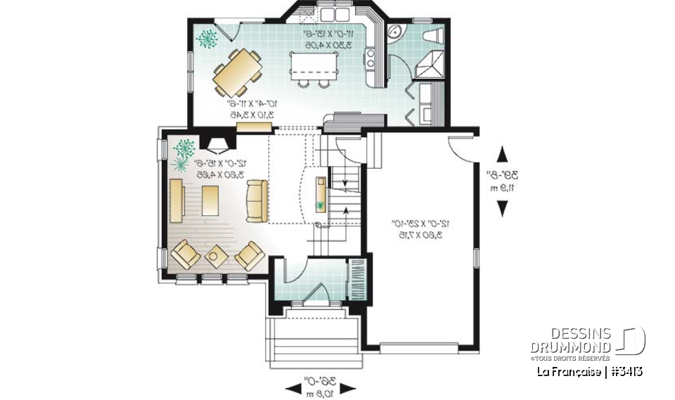 Rez-de-chaussée - Plan de maison avec grande cuisine, îlot, foyer et plafond 18' au séjour, espace boni, 3 chambres - La Française