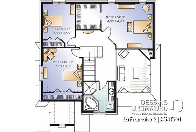 Étage - Plan de maison de Style manoir de luxe, garage, 3 grandes chambres, mezzanine - La Française 2