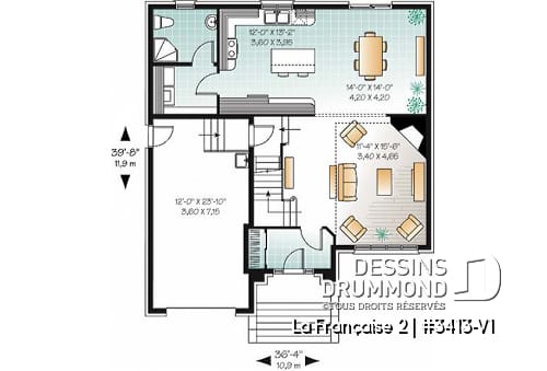 Rez-de-chaussée - Plan de maison de Style manoir de luxe, garage, 3 grandes chambres, mezzanine - La Française 2