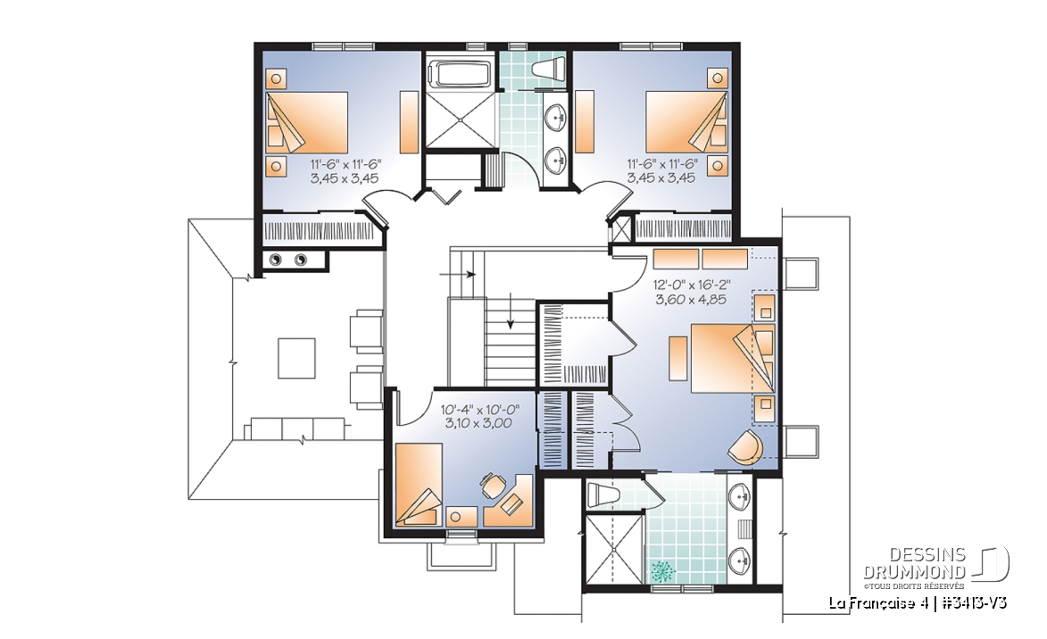 Étage - Plan de maison 4 chambres, grande buanderie avec chute à linge, grand îlot de cuisine, garage double - La Française 4