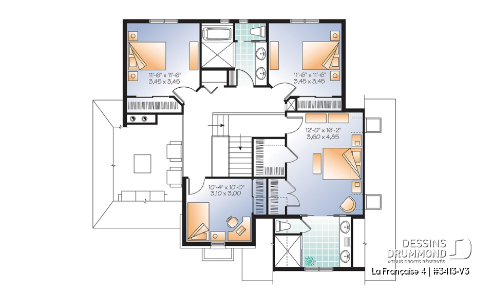 Étage - Plan de maison 4 chambres, grande buanderie avec chute à linge, grand îlot de cuisine, garage double - La Française 4