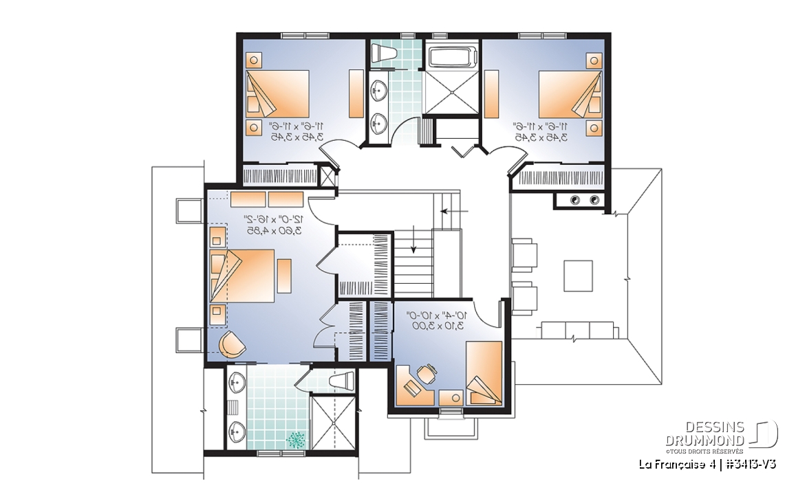 Étage - Plan de maison 4 chambres, grande buanderie avec chute à linge, grand îlot de cuisine, garage double - La Française 4